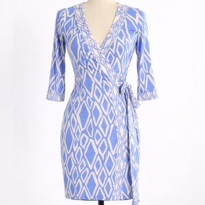 Diane Von Furstenberg Blue and Cream Geometric Wrap Dress